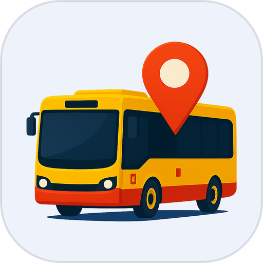 Logo Traska: żółto-czerwony autobus z pinezką